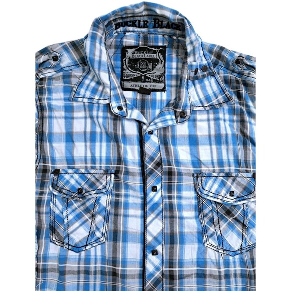 Buckle Black Label Shirt Mens XL Athletic Fit Plaid Raw Hem Studded Snap Button - Picture 1 of 9